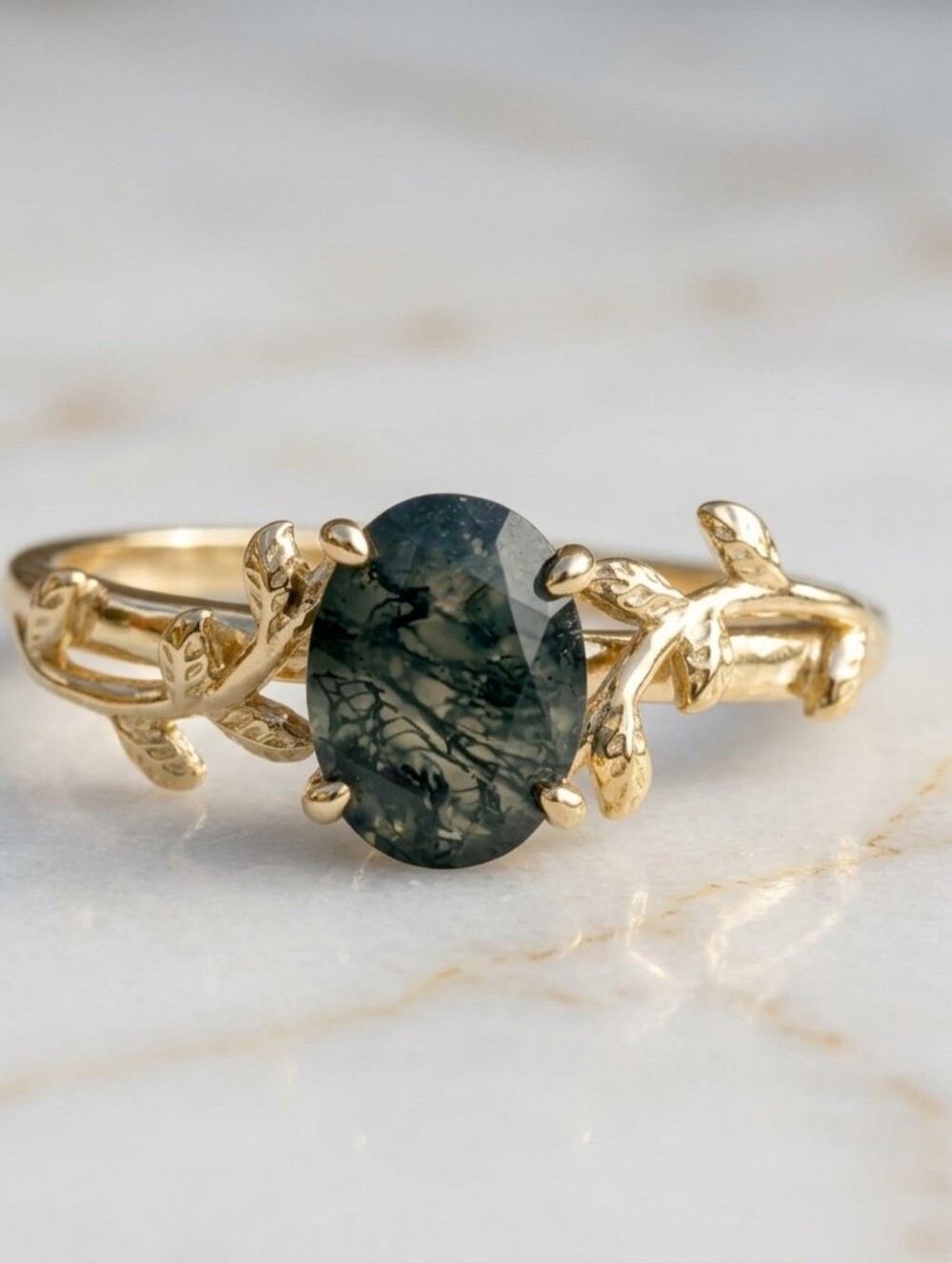 Moss Agate Vine Ring 18k Gold Over 925 Sterling Silver Size 8 Nature Inspired